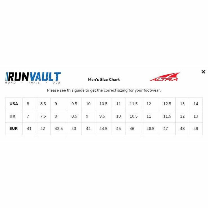 Altra running shoes - Men's sizing chart. Run Vault Brisbane.